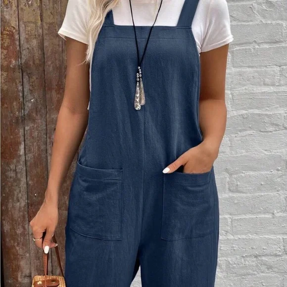 Women's Blue Linen Overalls - Picture 5 of 8